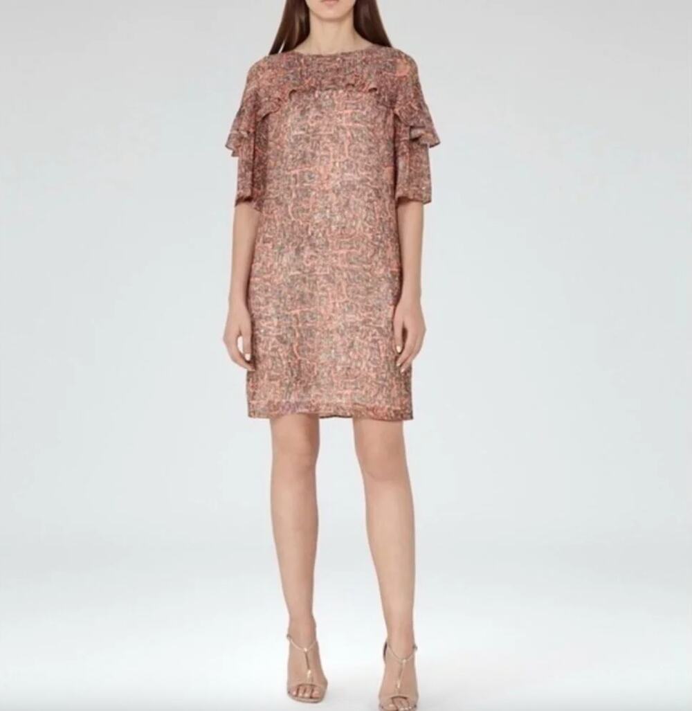 REISS Women's Roxanne Ruffle Shift Mini Dress Size 4 Abstract Print Party